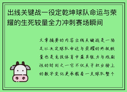 出线关键战一役定乾坤球队命运与荣耀的生死较量全力冲刺赛场瞬间